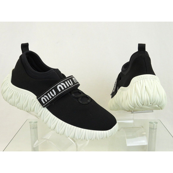 MIU MIU PRADA 5E372D BLACK KNIT WHITE WEB LOGO LACE STRAP UP SOCK SNEAKERS 39